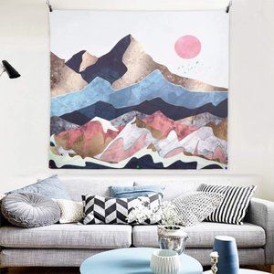 Pink sun nordic mountains wall tapestry